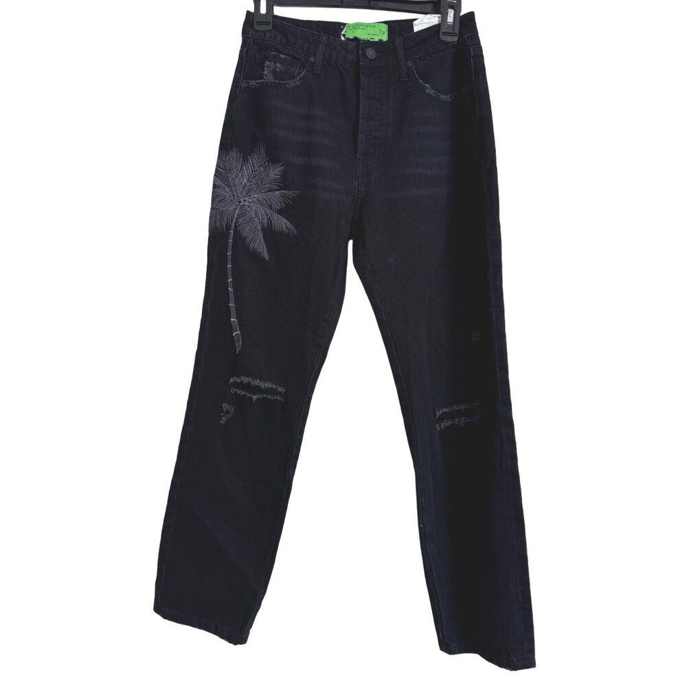 SR vs. Sandrine Rose Palm Tree Black Size 27 Black Distress Demin Jeans NWOT